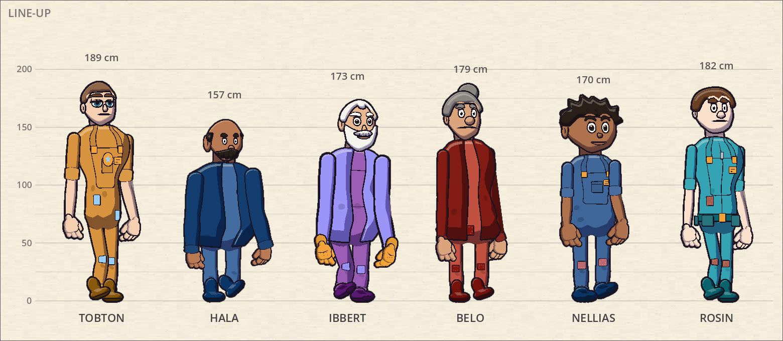 A line-up of six generated crew members of different heights, builds, hairstyles and outfits.