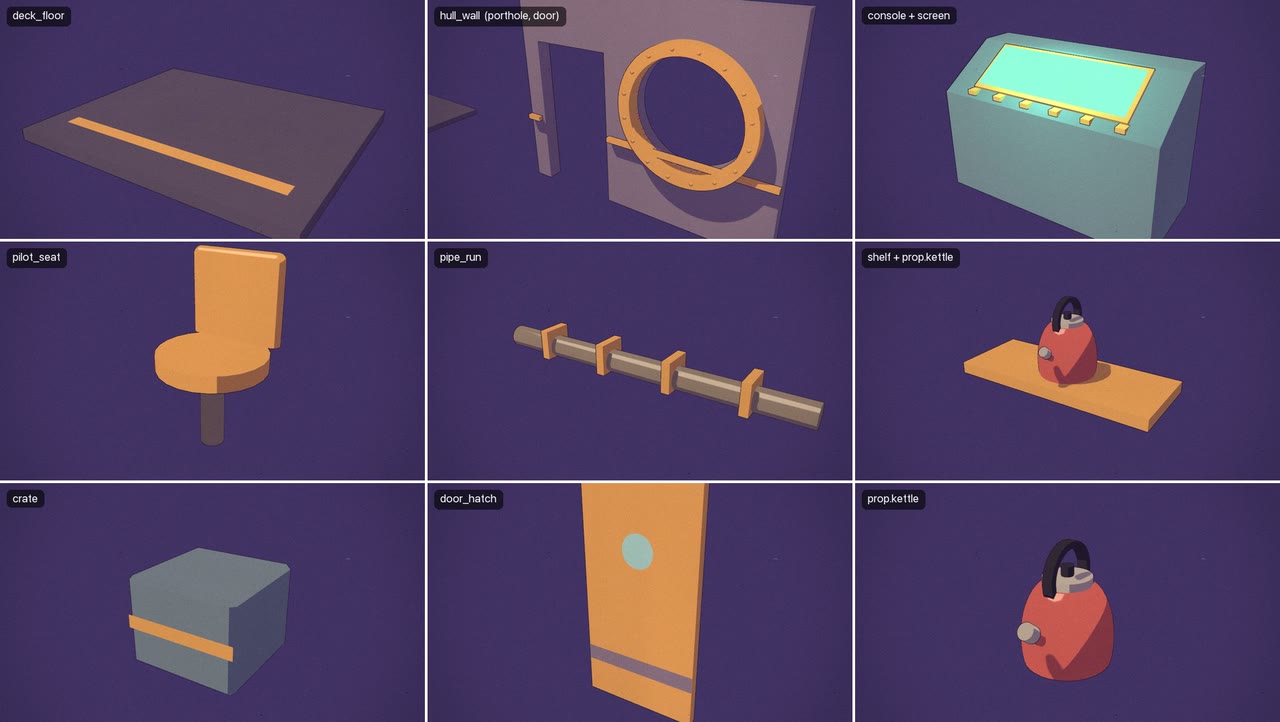 Nine kit pieces rendered alone: floor, hull wall with porthole, console, seat, pipes, shelf with kettle, crate, door and kettle.